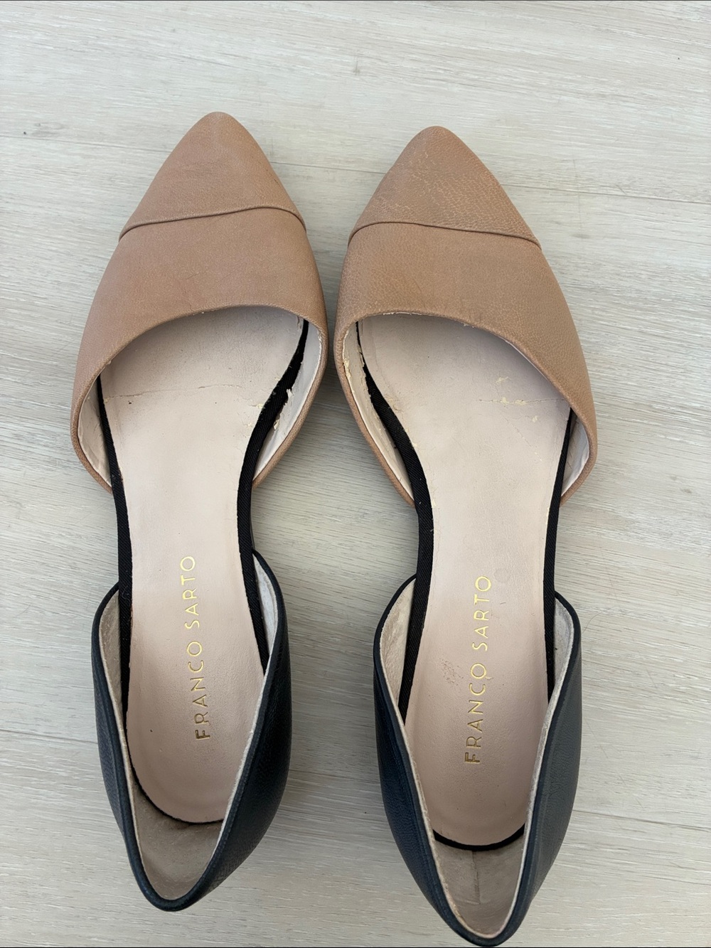 Franco Sarto Two-Tone Pointed D'Orsay Flats in Tan and Black
